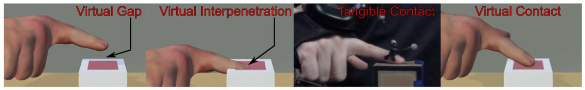 Using capacitive sensing to reach a better visuo-haptic synchronization upon contact and preserve immersion during interaction in VR.