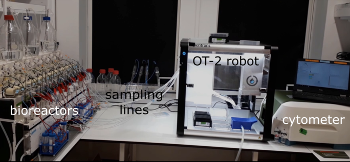 Experimental platform composed of a system of 16 small-volume bioreactors connected to a pipetting robot performing sample treatment and to a flow cytometer performing single-cell characterizations. All the hardware is driven in real-time by ReacSight.