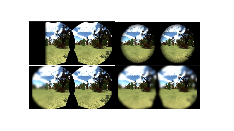 Illustration of the 4 different FoV restrictions (vignetting) during the same rightwards rotation: (top left) Horizontal Luminance; (top right) Global Luminance; (bottom left) Horizontal Blur; (bottom right) Global Blur.