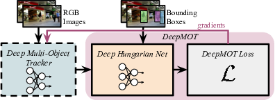 We propose DeepMOT, a general framework for training deep multi-object trackers including the DeepMOT loss that directly correlates with established tracking evaluation measures.
The key component in our method is the Deep Hungarian Net (DHN) that provides a soft approximation of the optimal prediction-to-ground-truth assignment, and allows to deliver the gradient, back-propagated from the approximated tracking performance measures, needed to update the tracker weights.