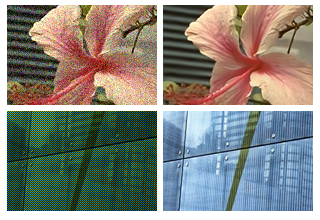Images on the right are reconstructed from images on the left. Example of restored images for denoising and demosaicking tasks (reconstructing color images from incomplete measurements made by CCD cameras).
