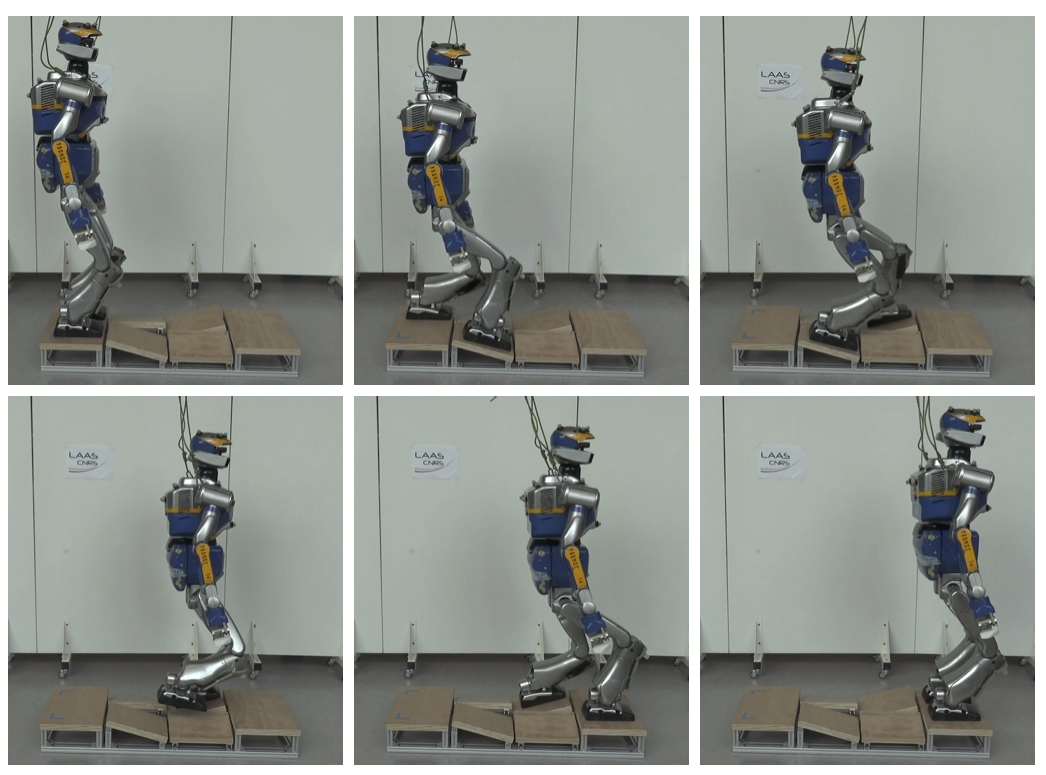 An instance of the transition feasibility problem: can we guarantee that the contact sequence shown in this picture can be used to produce a feasible motion for the robot? To address this issue in this example we need to account for 9 different contact phases (including phases where the effector is flying, as displayed in the fourth image).