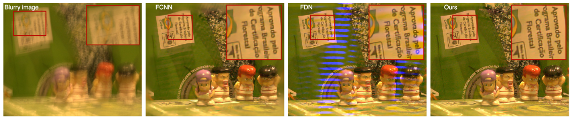 Real-world blurry images deblurred with an 101×101 blur kernel estimated with
a state-of-the-art blind kernel estimation method. We can restore fine details with approximate,
large kernels