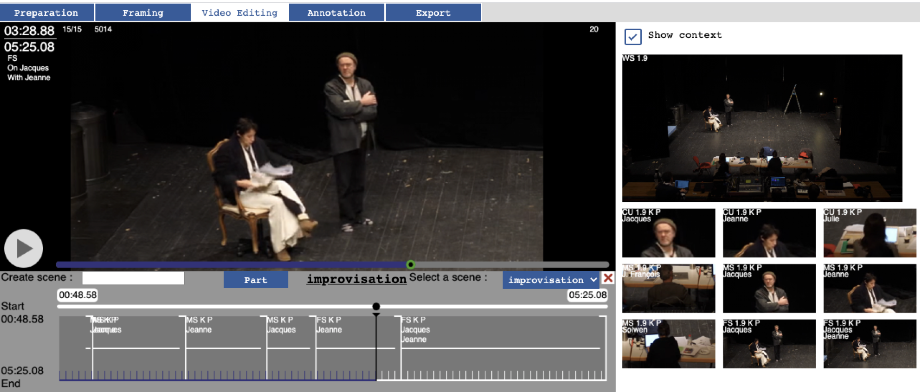 Screenshot of the video editing interface in KinoAI. In this cloud-based application, users can drag and drop virtual rushes to a timeline with immediate feedback to quickly produce a video montage of a live performance.