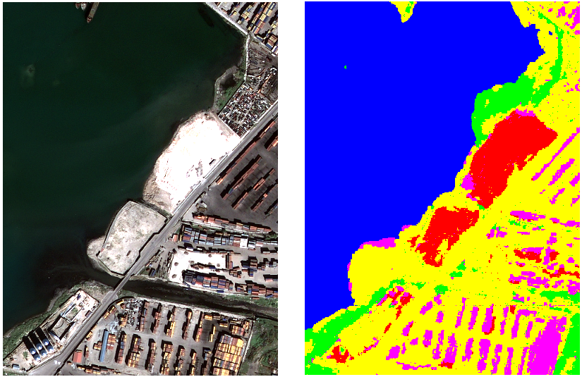 (left) Optical satellite image with 1.25m resolution and (right) classification map resulting from the proposed method. The dataset was acquired over Port-au-Prince, Haiti, shortly after the 2010 earthquake. Class labels: containers (red), vegetation (green), asphalt (yellow), buildings (pink), water(blue).