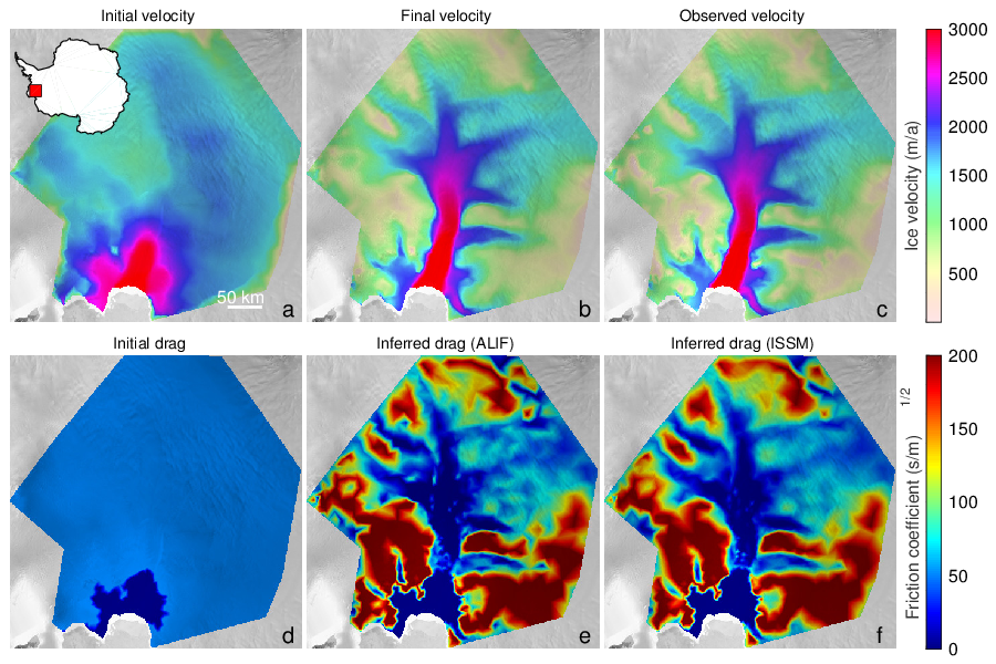 Assimilation of the basal friction under Pine Island glacier, West Antarctica. The final simulated surface velocity (b) is made to match the observed surface velocity (c), by estimation of the basal friction (e). A reference basal friction (f) is obtained by another data assimilation using the hand-written adjoint of ISSM