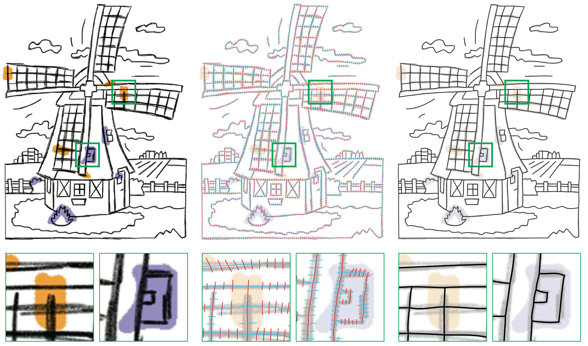 Starting from an input line drawing (left), we locally parametrize the sketch as a grid aligned with the strokes (middle). Neighboring parallel strokes are automatically snapped to the same isoline of the parametrization, while junctions are snapped to grid nodes. This parametrization facilitates the extraction of a clean network of Bézier curves (right).