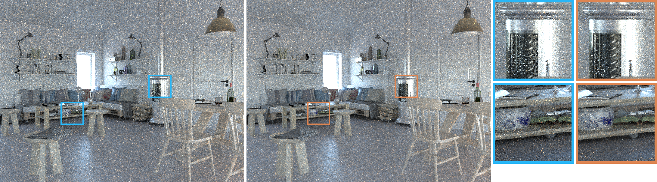 Equal-time comparisons (2 minutes). Our method (right, orange) reduces noise compared to prior work by efficiently guiding paths based on the product of the BSDF and incoming radiance at each path vertex.