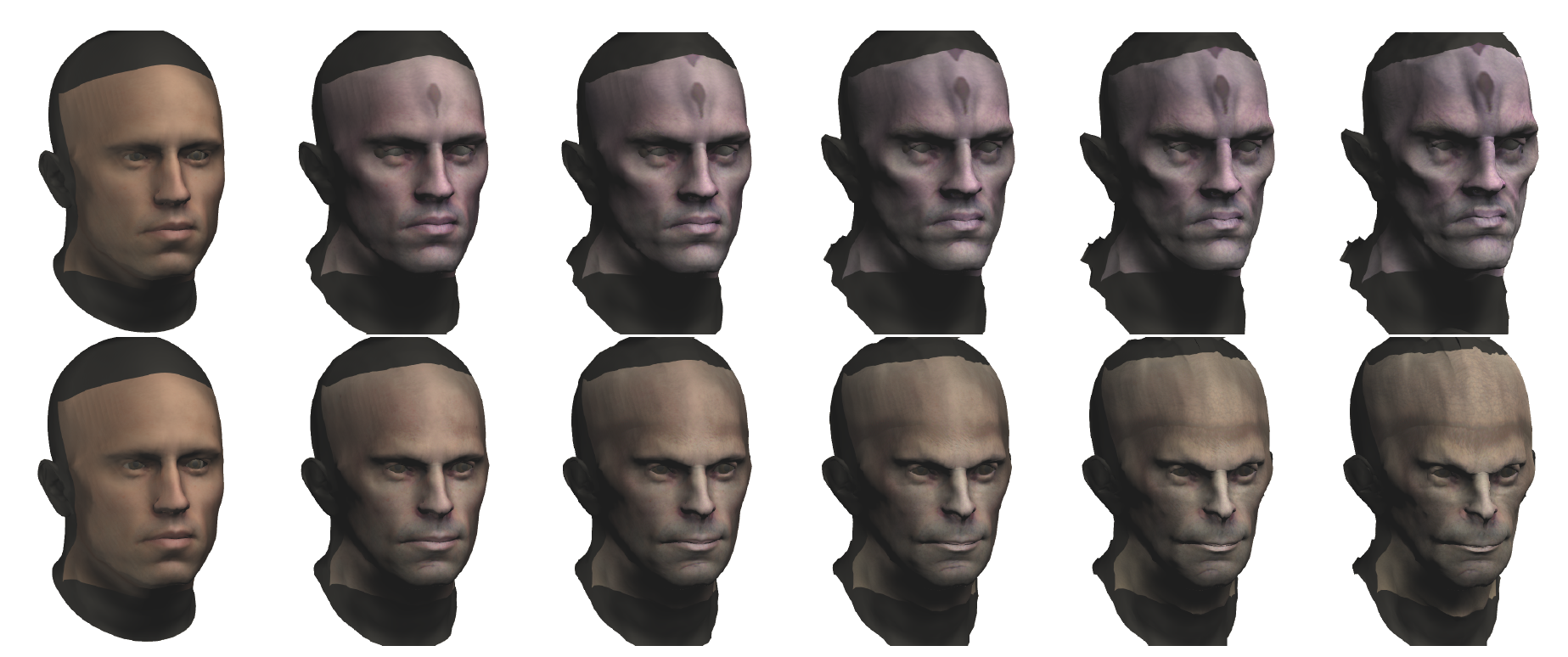 A face with various levels of two (top and bottom) non-human stylization, from low (left) to high (right). The original human face is on the left.