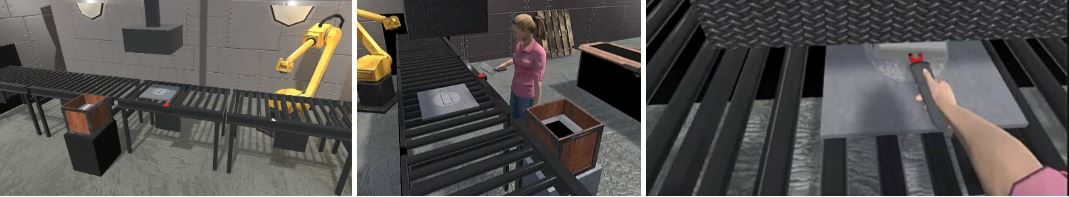 Overview of the virtual environment representing a factory (left), an avatar representing a user placing an ingot on the plate
arrived on the conveyor lay (center) and the crusher threatening the user by suddenly going down while the user’s hand is under it.