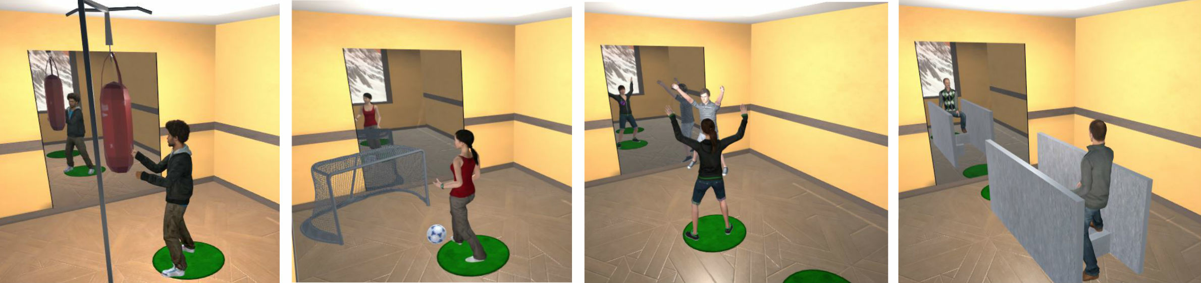 The four tasks implemented in the subjective matching experiment with avatars at the maximum level of appearance. From left
to right: Punching, Soccer, Fitness and Walking.