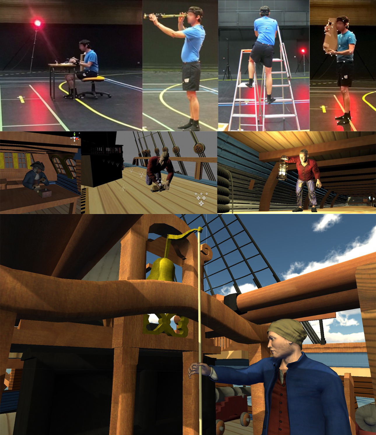 Mocap of onboard activity with Historians, and restitution in the simulation of the 18th century ship.