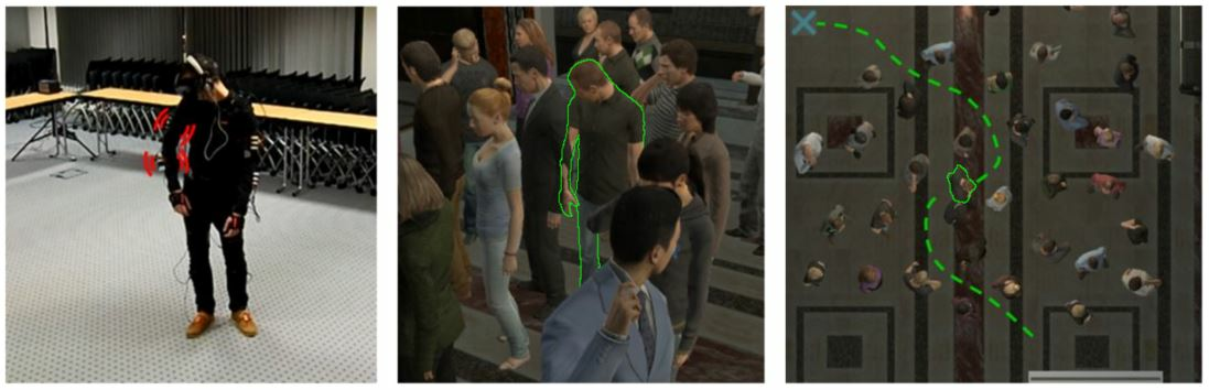 Our objective is to understand whether and to what extent providing haptic rendering of collisions during navigation through a virtual crowd (right) makes users behave more realistically. Whenever a collision occurs (center), armbands worn on the arms locally vibrate to render this contact (left). We carried out an experiment with 23 participants, testing both subjective and objective metrics regarding the users' path planning, body motion, kinetic energy, presence, and embodiment.