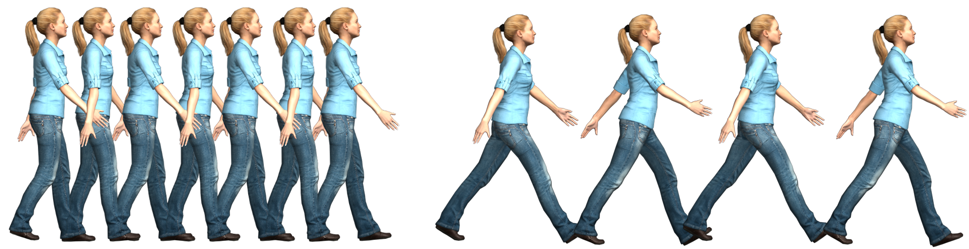 We are interested in whether observers are able to recognize the natural Walk Ratio of an individual, an invariant parameter of human walking (ratio between step length and step frequency), when motions are displayed on virtual characters. In particular, the Walk Ratio represents the fact that different combinations of step length and step frequency can be selected by people to walk at a given speed, e.g., small steps at a high cadence (left) or longer steps at a lower cadence (right).
