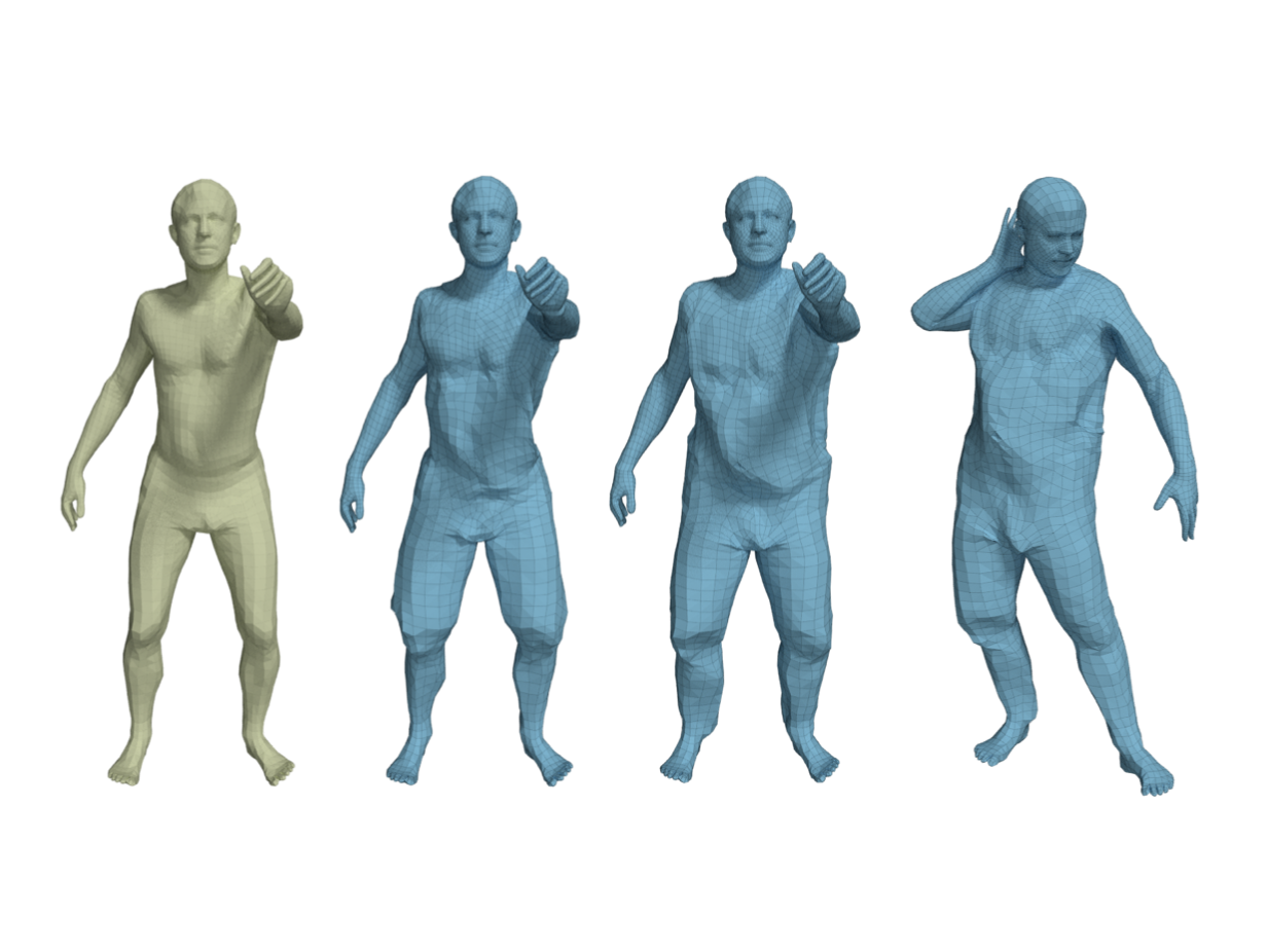 CAPE model for clothed humans. Given a SMPL body shape and pose, CAPE adds clothing by randomly sampling from a learned model, can generate different clothing types — shorts in vs. long-pants. The generated clothed humans can generalize to diverse body shapes and body poses.