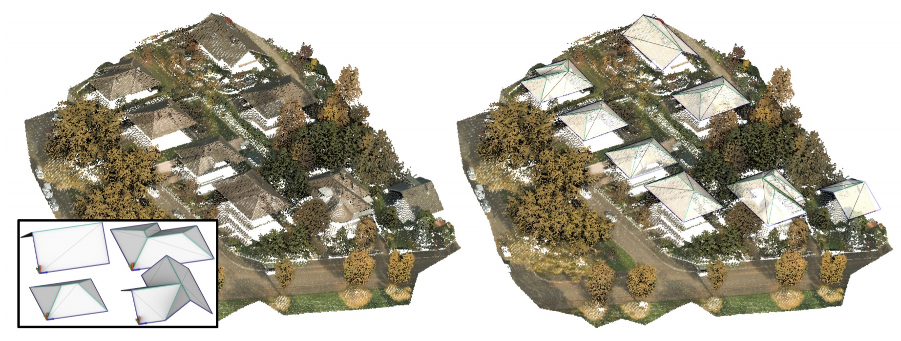 Left: Example of roofs and airborne LIDAR cloud models. Right: We are interested in fitting the user-defined models to the corresponding point cloud.