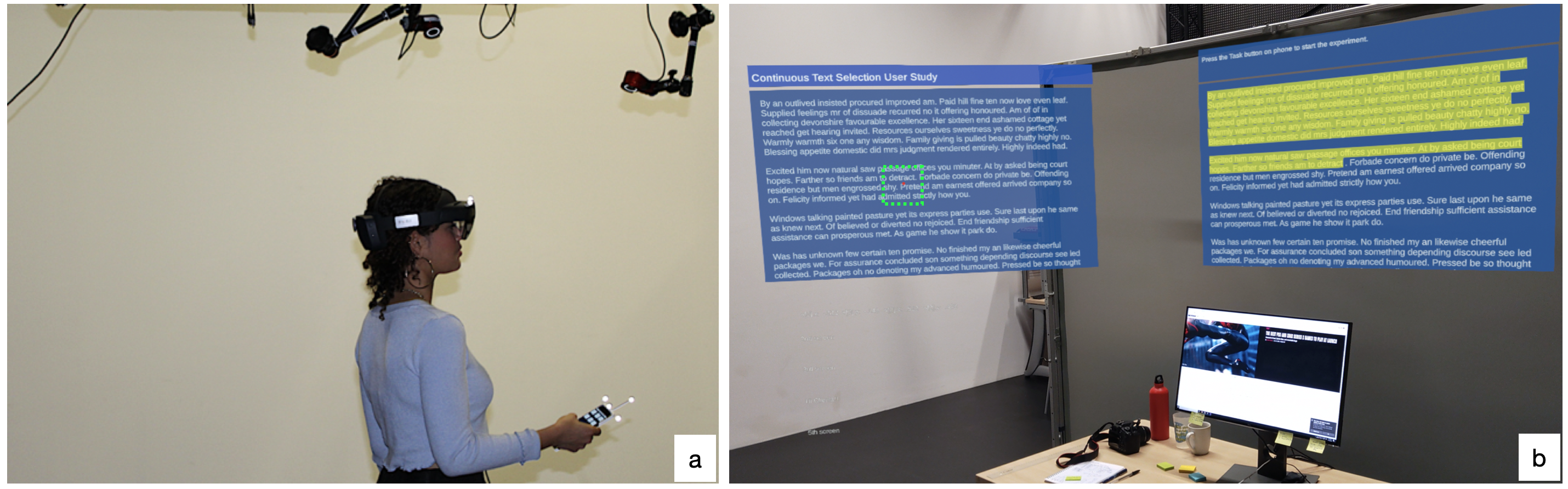 (a) The overall experimental setup consisted of an HoloLens, a smartphone, and an optitrack system. (b) In the HoloLens view, a user sees two text windows. The right one is the `instruction panel' where the subject sees the text to select. The left is the `action panel' where the subject performs the actual selection.