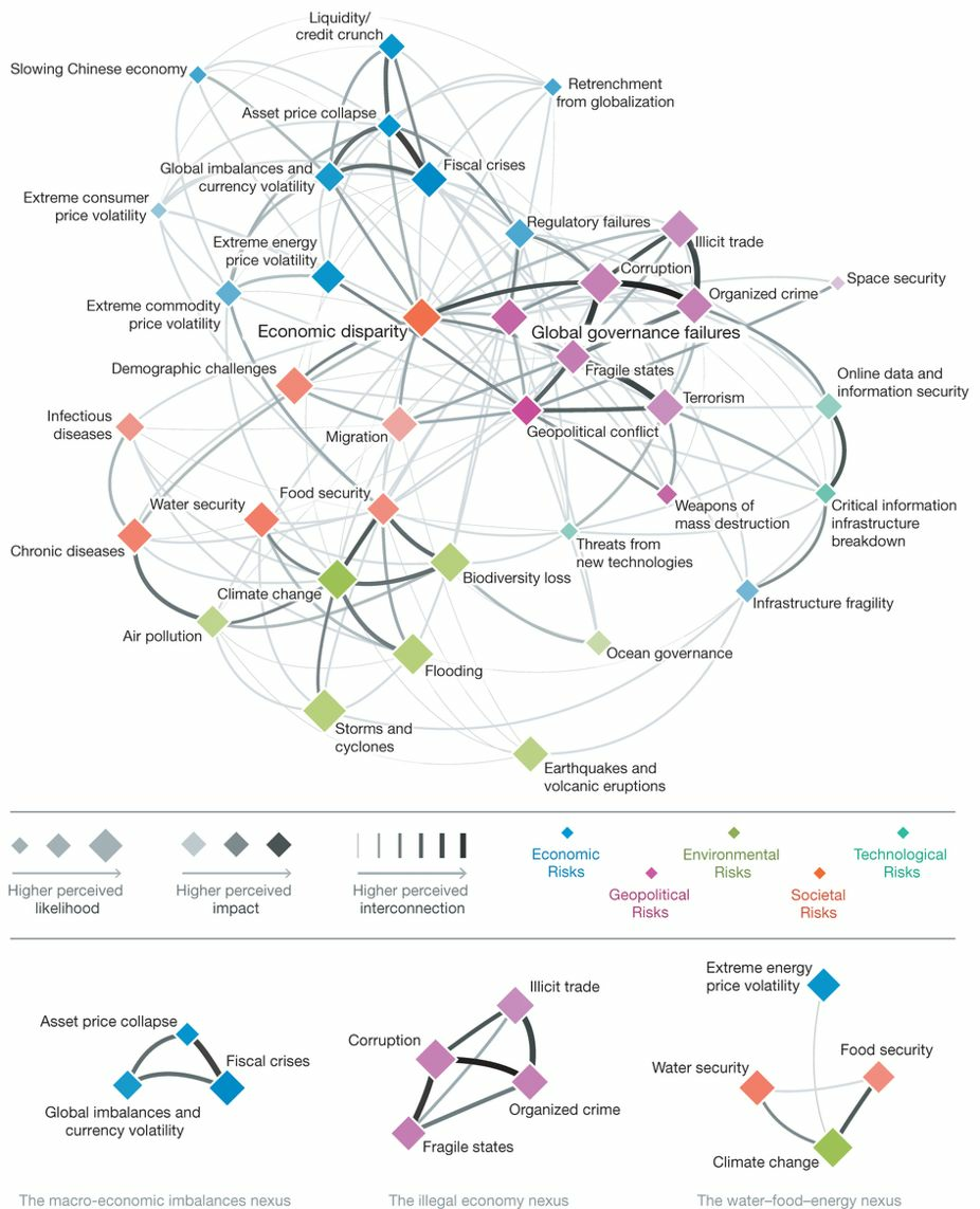 Global systemic risks and their interconnections according to the 2011 World Economic Forum report (reproduced in ). These risks are assessed by expert opinion and the importance attributed to them reflects in part cyclical concerns.