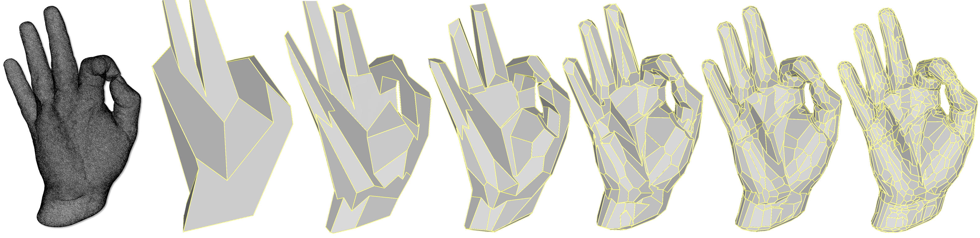 Reconstruction of a free-form object at different levels of details. Our algorithm approximates a free-form object by coarse (left) to fine (right) piecewise planar representations.