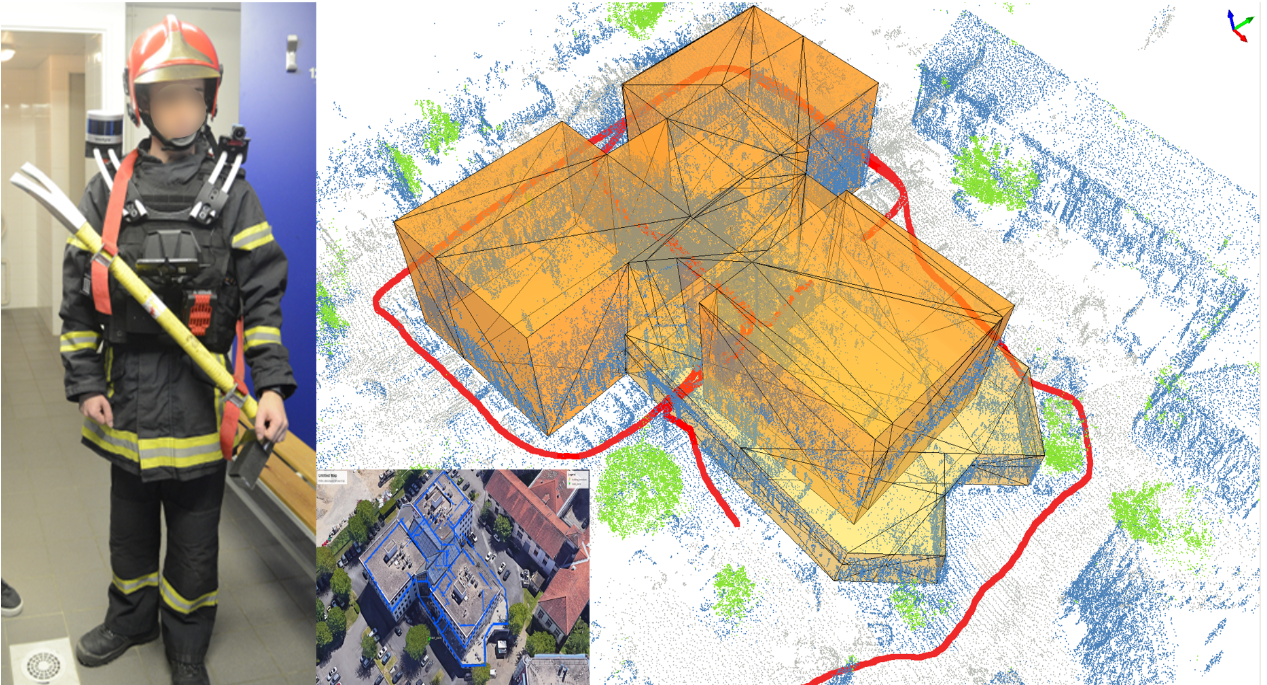 Agent-based localization SLAM system. A fusion between different sensors (LiDAR, IMU, camera and GPS) is performed for achieving real-time indoor/outdoor SLAM. Left: Agent wearing the proposed system.Right: 3D Map (blue), trajectory (red) and 3D offline reconstruction obtained by the proposed system in an indoor/outdoor environment. Center: The obtained floorplan has been aligned with the 3D model of the building in Google Earth (closeup).