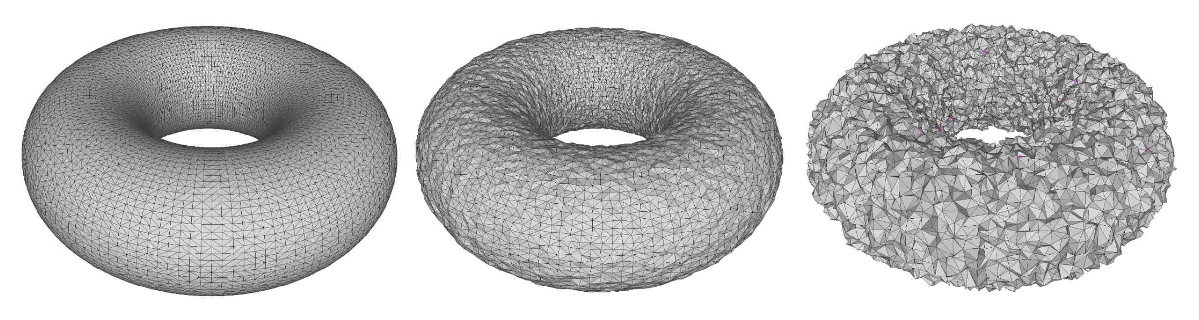 Watertight reconstructions under different perturbations. Under small perturbations (left and middle), the reconstruction is a triangulation of the sampled manifold. A few non-manifold configurations appear however under larger perturbations (right).