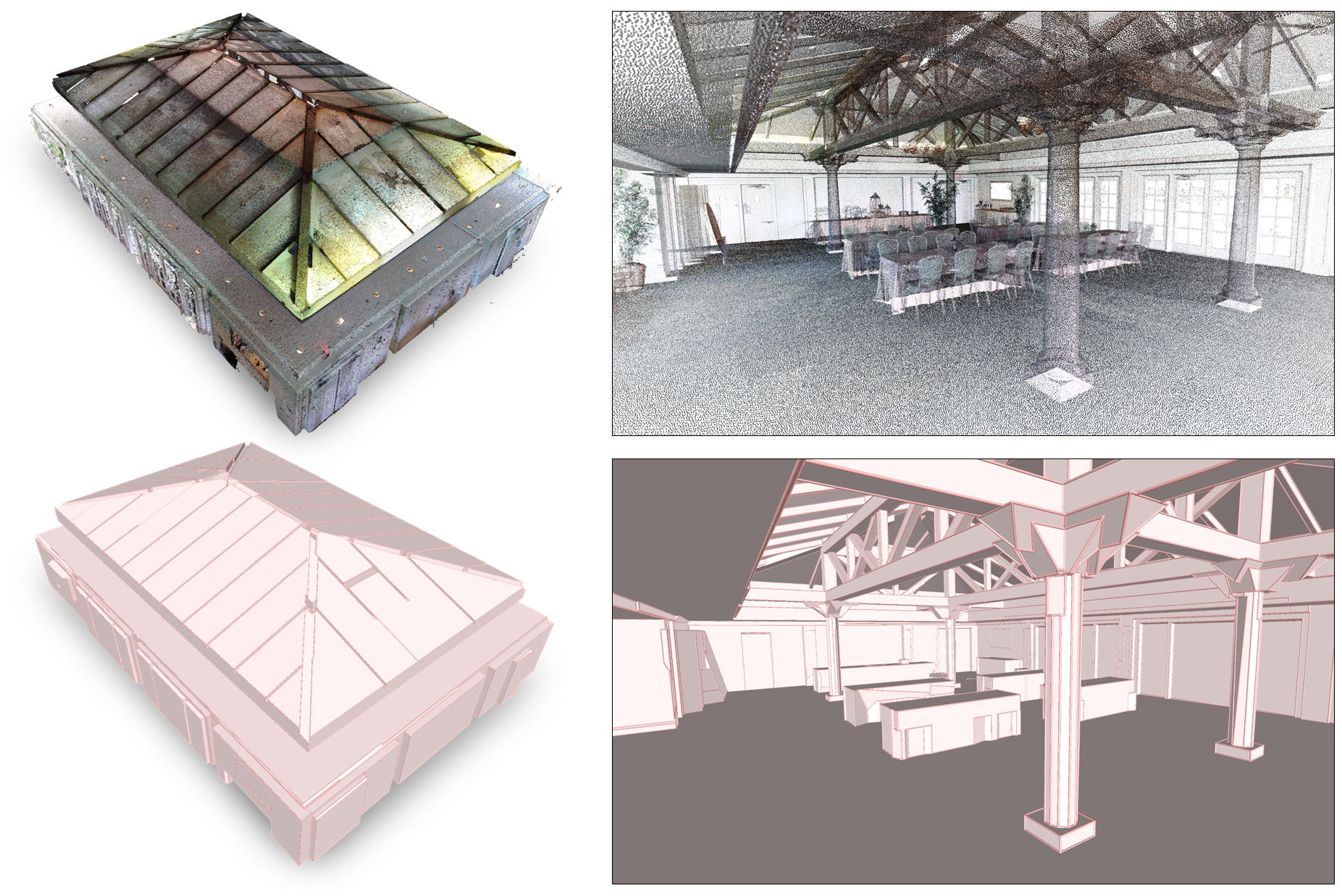 Kinetic Shape Reconstruction. Our algorithm converts a point cloud (top), here a 3M points laser scan, into a concise and watertight polygon mesh (bottom), in an automated manner. Planar components of the indoor scene (beams, walls, windows..) are captured by large facets whereas freeform objects (columns, tables...) are approximated by a low number of facets. Small objects (chairs, plants..) are filtered out.