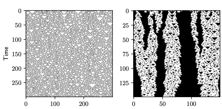 Hidden structures in elementary cellular automaton (ECA) rule 18 are uncovered by
applying our method to its space-time diagram. (Left) Unmodified space-time
diagram for ECA 18. (Right) Filtered diagram.