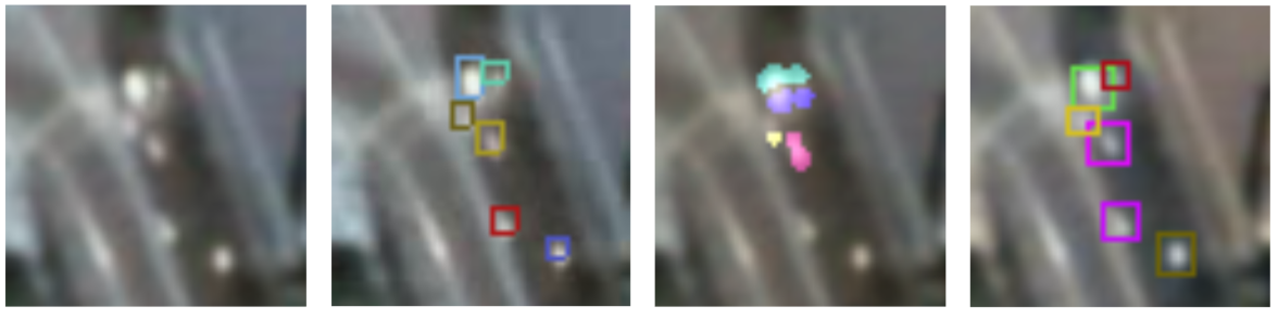 (left) Sample Area. (middle left) Ground truth. (middle right) 3-frame object detection. (right) Faster-RCNN object detection.
