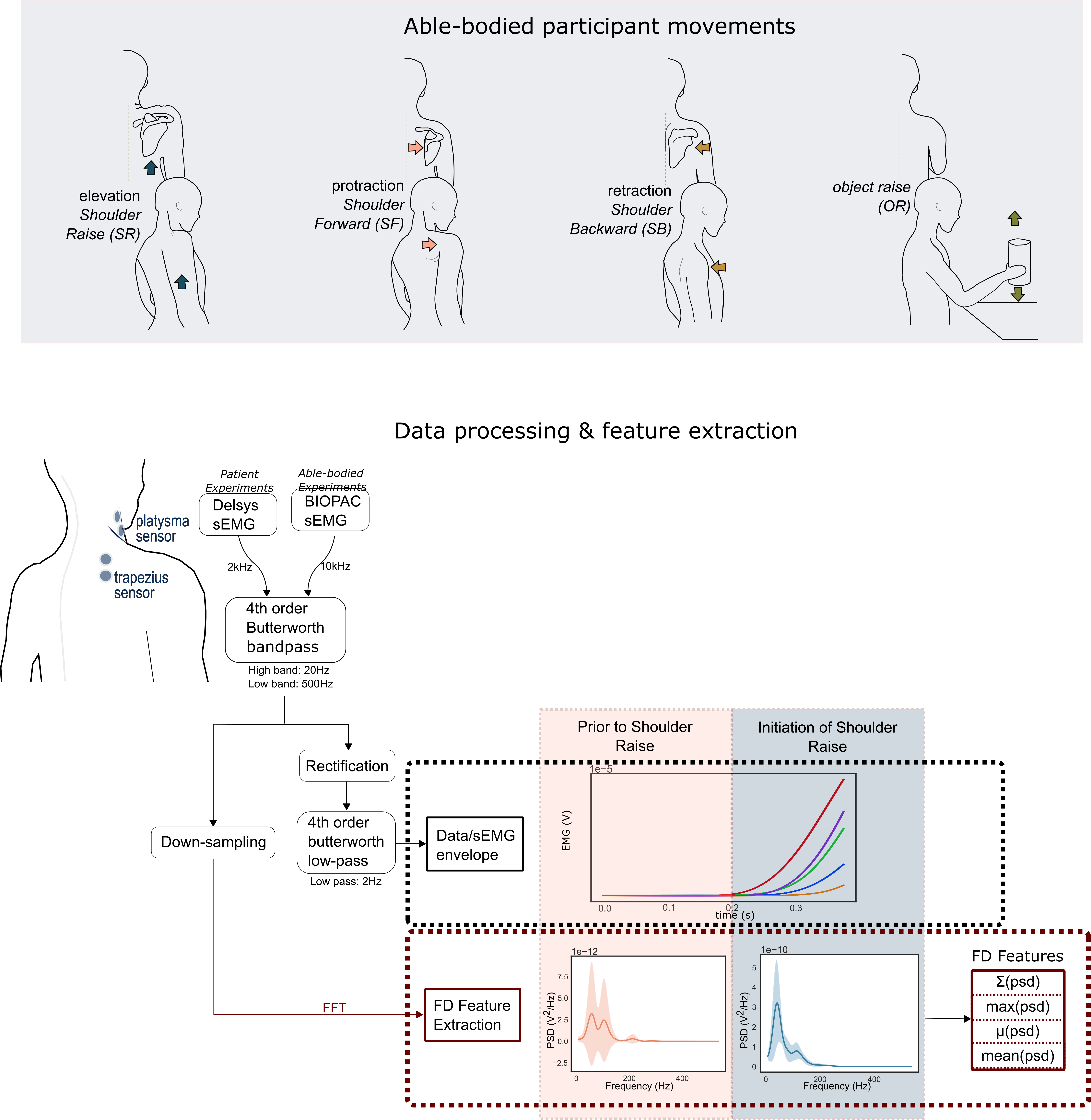Top: The movements attempted by the able-bodied participants in Protocol A. Bottom: The flow diagram demonstrates the processing of the data leading to the extraction of the frequency domain features.