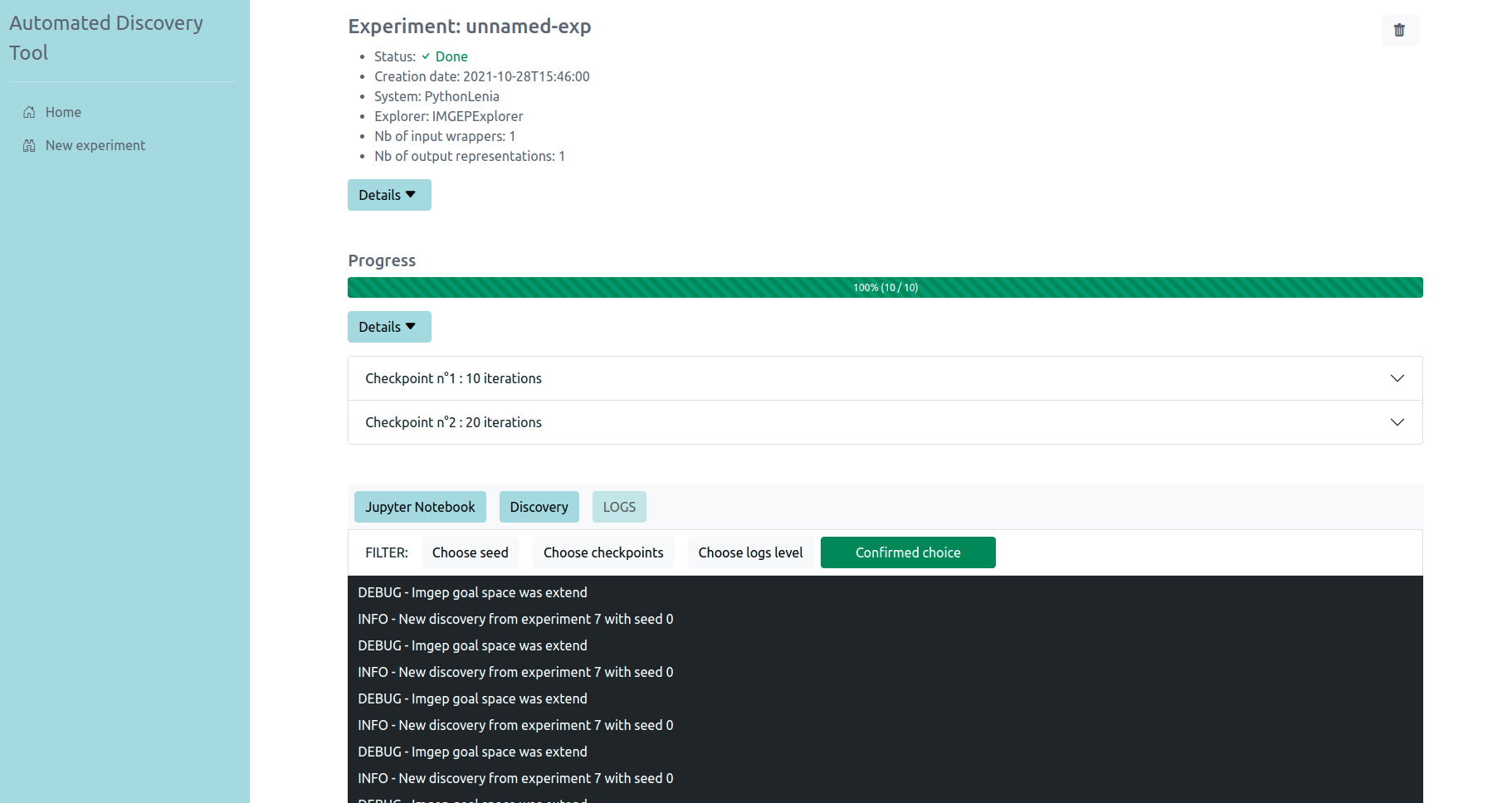 Screenshot of the interface allowing to monitor an experiment where users can see its progress.