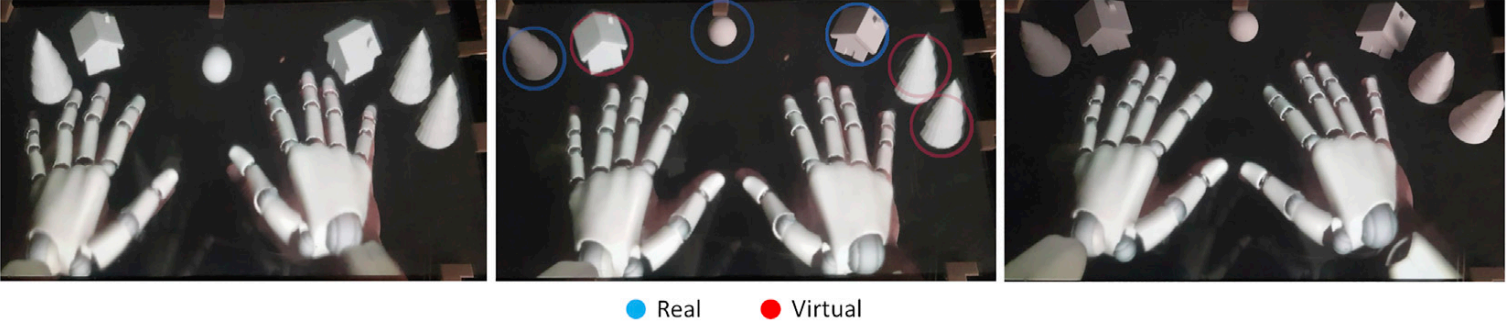 The three experimental conditions represented from the participant's point of view (Left) The “VIRTUAL” condition where all the objects were virtual (Middle) The “MIXED” condition where there were both real and virtual objects mixed (Right) The “REAL” condition where all objects were real. The 3D rendering allowed virtual objects to appear having the same 3D volume as their real counterparts.