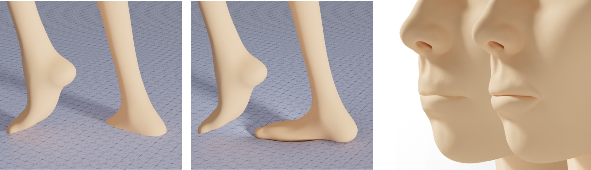 Left: our method handles elastic-elastic contacts such as in this example of a rigid foot colliding with an elastic plane. Right: In addition, it handles self-intersecting configurations such as this skinned mouth.