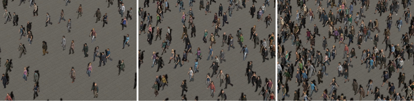Examples of virtual crowds stimuli: (left) 250 characters animated with 1 female and 1 male motion, (centre) 500 characters animated with 25 female and 25 male synthetic motions, (right) 1000 characters animated with 500 female and 500 male synthetic motions (i.e. a unique motion per character).
