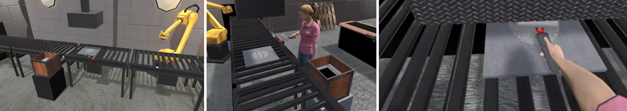 Overview of the virtual environment representing a factory (left), an avatar representing a user placing an ingot on the plate arrived on the conveyor lay (center) and the crusher threatening the user by suddenly going down while the user's hand is under it.