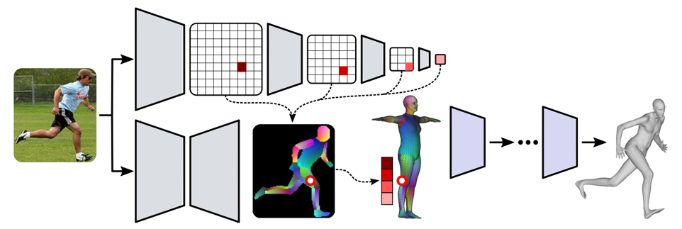 Overview. Given an input color image, DensePose (Bottom left) produces dense pixel-to-surface correspondences. Meanwhile, an image convolutional neural network (CNN) (Top) builds feature maps at multiple depths (Shades of red). The correspondences are then used to sample (Dashed lines) local image features from the CNN feature maps for each template surface vertex at its corresponding image location (Red Circle). Next, we use a graph convolutional network (GCN) (Right) to map the template surface with vertex specific local image features to the final posed surface.