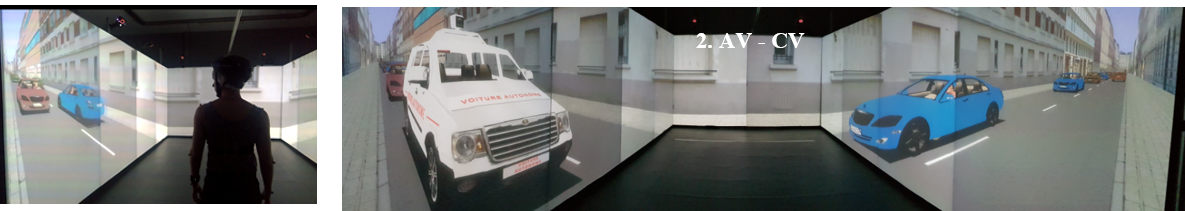  Illustration of the experiment in the simulator room to study the interaction between a pedestrian and self-driving and conventional cars.