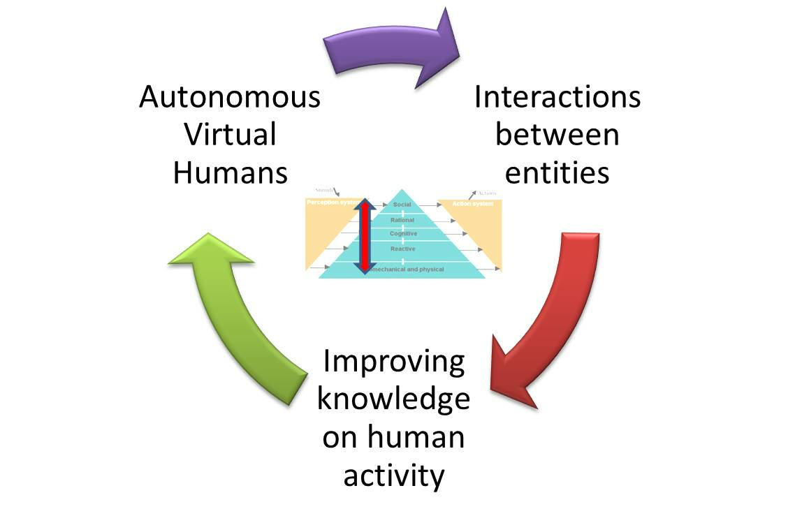 Research path of MimeTIC: coupling analysis and synthesis of human activity enables us to create more realistic autonomous characters and to evaluate assumptions about human motion control.