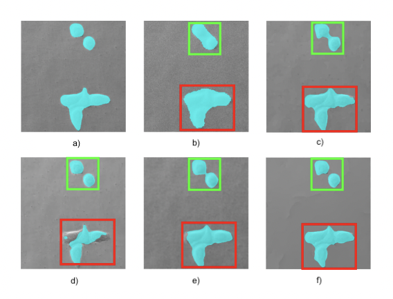 Cell detection via moprhological operations from noisy and low-resolution data. a) Ground truth b) Detection from noisy and LR data c) Detection after anisotropic TV1/2^{1/2} super-resolution d) Detection after application of IRCNN  e) Detection after reconstruction through dictionary learning and sparse representation SR  f) Detection after ℓ0\ell _0 gradient-based SR (proposed).