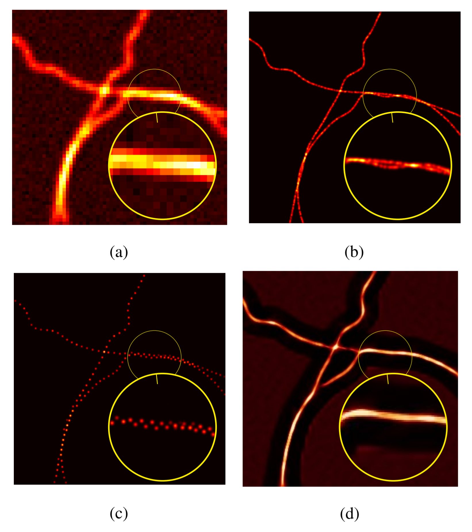 (a) fluorescence microscopy (SOFI) acquisition; (b) ground-truth curves; (c) off-the-grid covariance-based reconstruction; (d) SRRF for comparison.