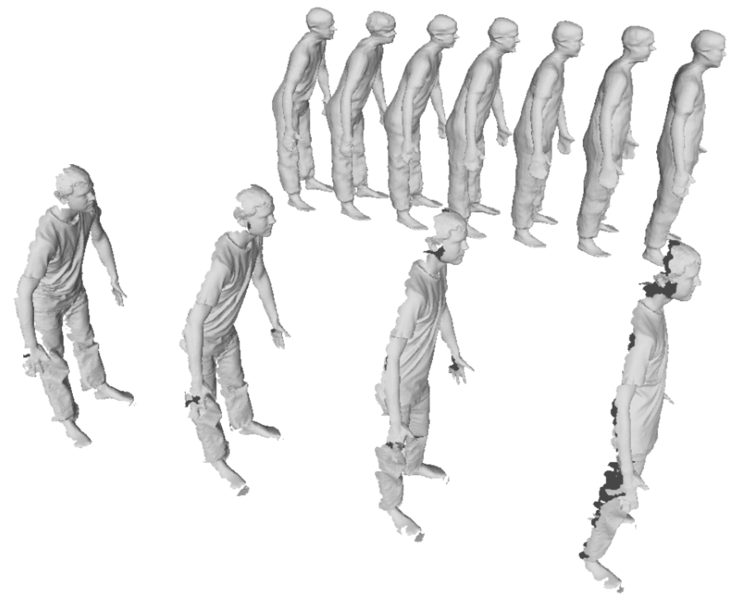 Teaser figure showing reconstructed movement completion for an example human