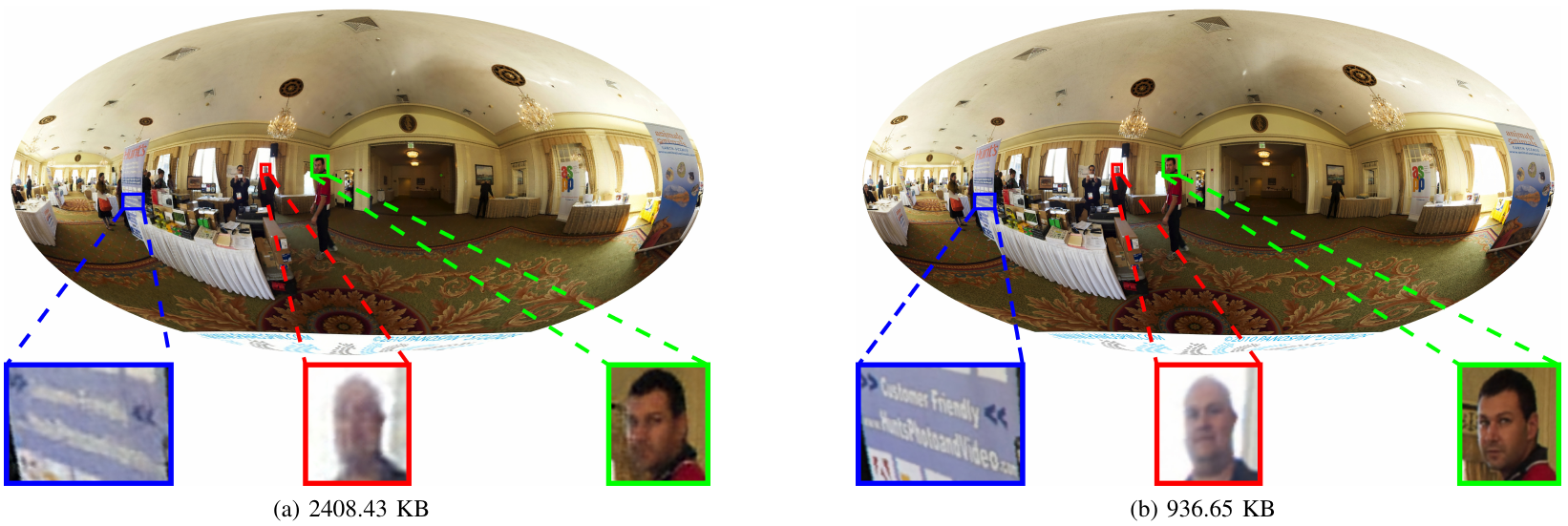 Visual comparison of decoded images when compressed with (a) DeepSphere (the competitor) and (b) our OSLO solution.