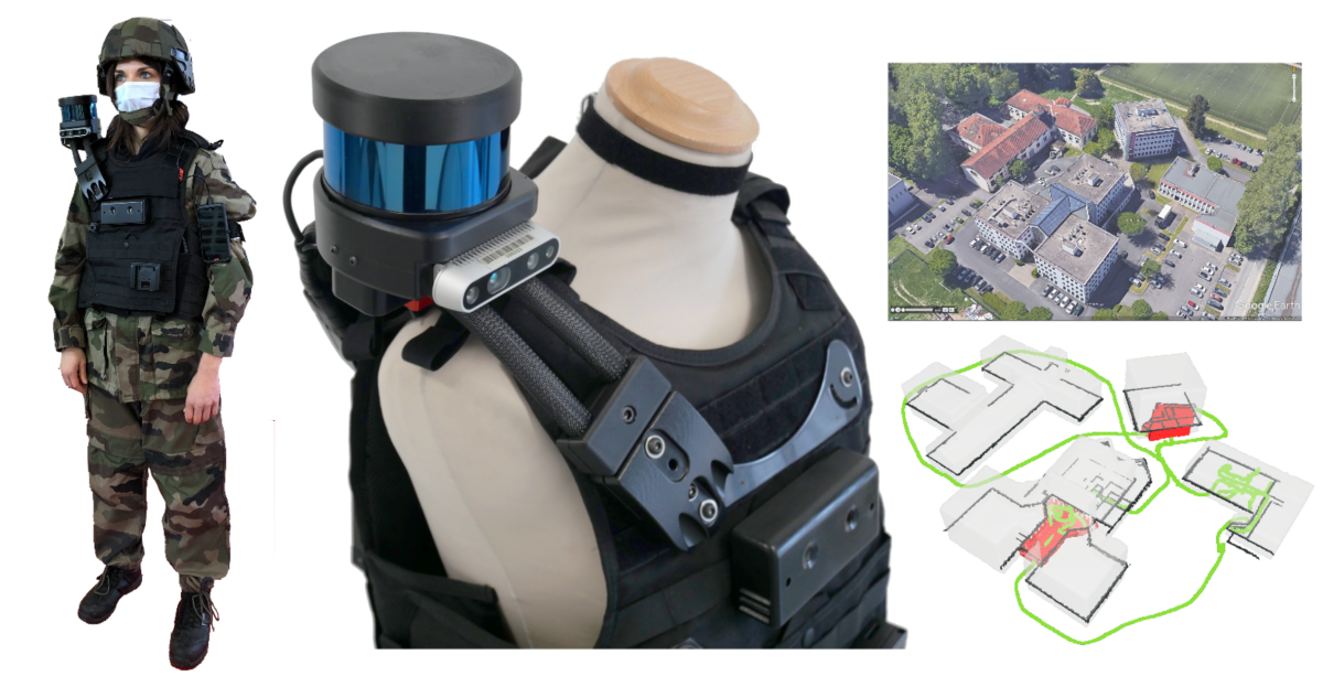 WeCo-SLAM system. The group of LVI sensors is mounted on the shoulder of a tactical waistcoat. This allows its wearability by a trained agent that performs reckon missions under challenging conditions. Example results are shown right, where the followed trajectory is shown in green and the outdoor/indoor reconstruction of visited buildings is shown in gray and red, respectively. Predicted GPS coordinates are sent via radio to a ground station that monitors the agent's position in real-time.