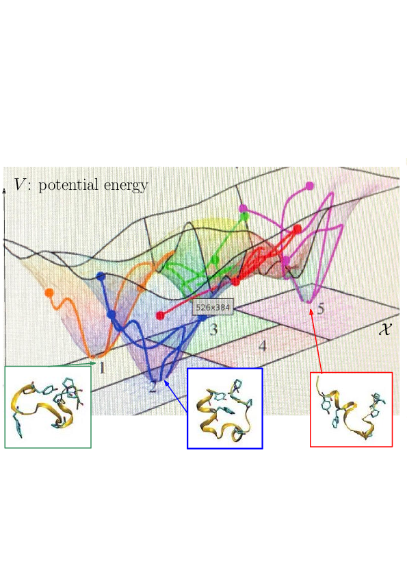 Prosaically, the energy landscape of a molecular system is the set of valleys
and passes connecting them, corresponding to stable states and transitions between them.