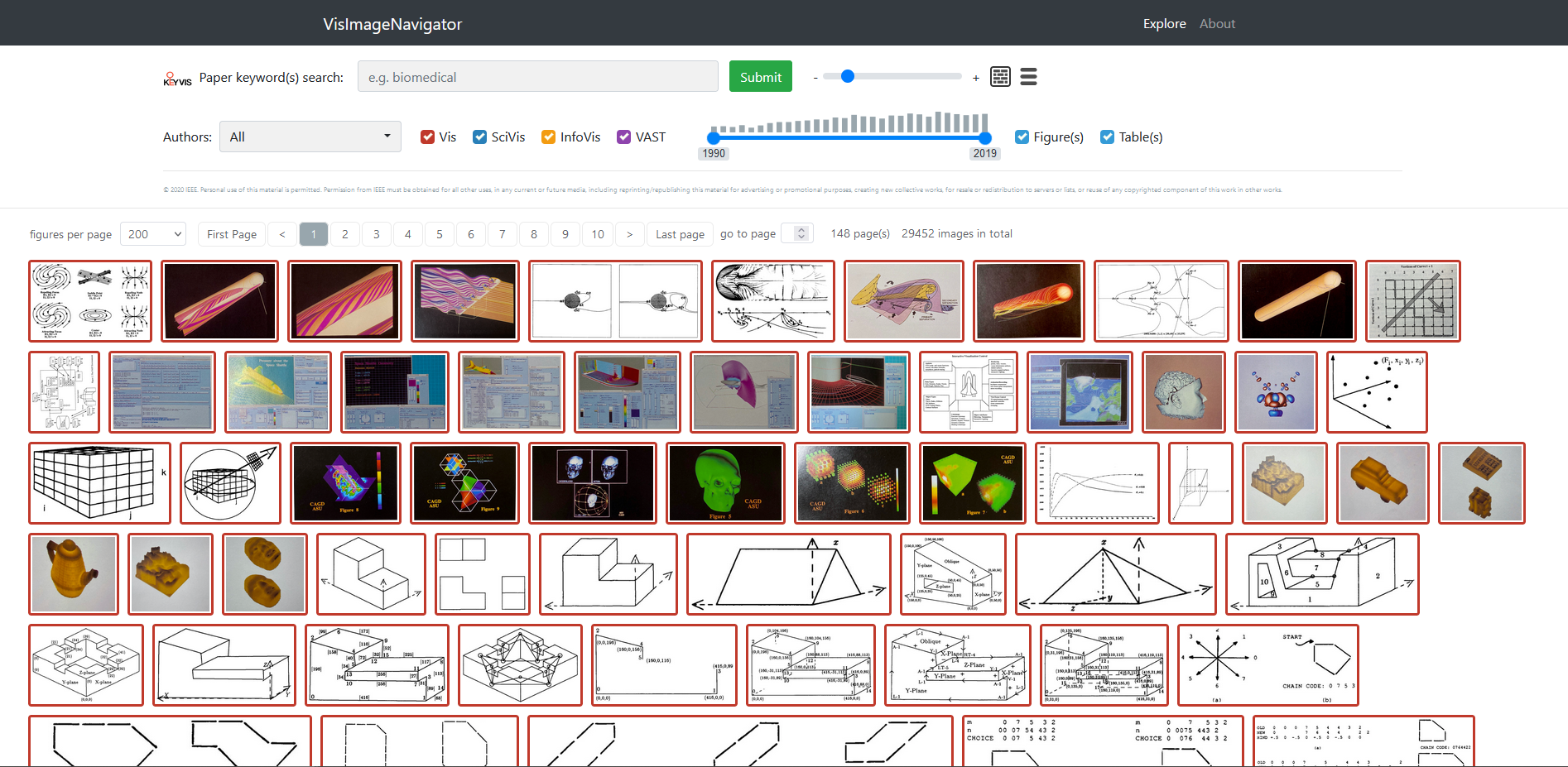 An image of the VisImageNavigator interface showing images collected from IEEE VIS papers in a grid format with several sliders and checkboxes to filter by time and conference.