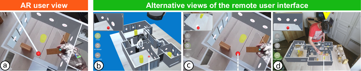 Local and remote views in a multi-view collaboration environment. The first picture presents the augmented view perceived by the local wearing an augmented reality headset. The view shows the virtual model of a house and miniature furniture, which is physically manipulated with the hands of the user. The other three pictures illustrate the views of the remote collaborator available via a desktop interface: a fully virtual view, a first-person view streamed from the headset, and an external view streamed from a depth camera