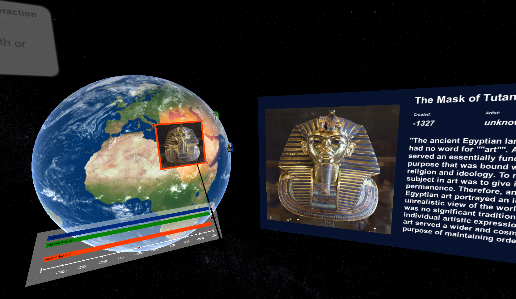 Overview of the application with the earth model showing art pieces being selected with the ray (left), the timeline showing art movements (bottom left) and the selected art piece description panel (right).