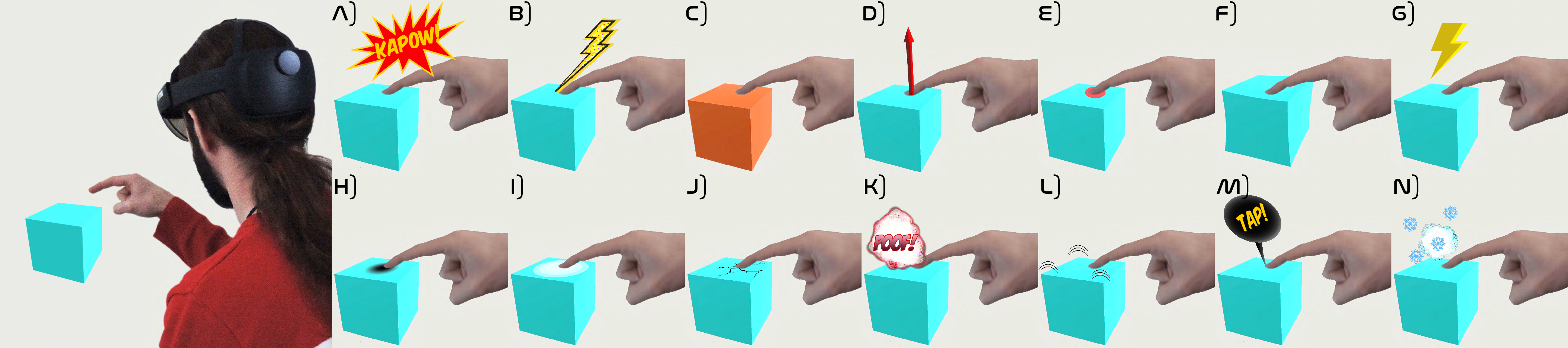 Our set of visual feedback techniques meant to represent contact in eXtended Reality. These techniques were conceived using the design space presented in this paper and implemented in a Microsoft HoloLens 2 (left). The techniques are the following: A) Kapow, B) Lightning, C) Color Change, D) Arrow, E) Disk, F) Deformation, G) Spark3D, H) Hole, I) Ripple, J) Crack, K) Poof, L) Shaking, M) Bubble3D, and N) Snowflakes.