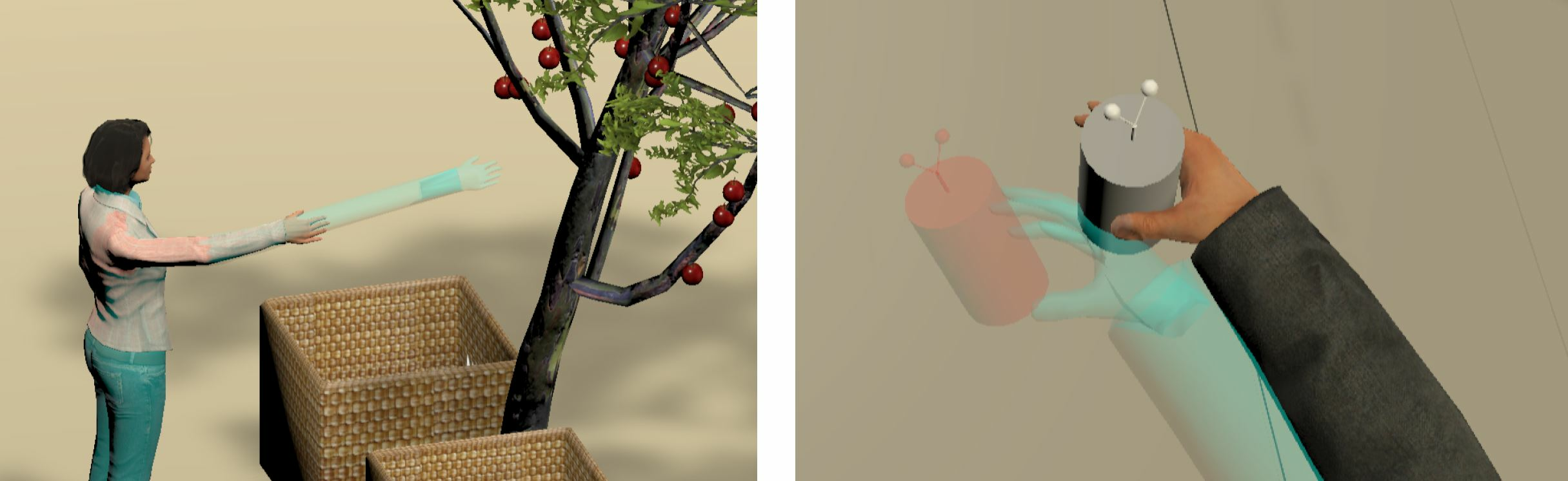 Illustration of two types of dual body representation studied in this paper. On the left image, a ghost representation enables remote manipulation while a realistic co-located representation provides feedback with respect to the real user’s position. On the right image, a ghost representation provides feedback with respect to the user’s real position while a realistic representation enables precise manipulation with the environment thanks to slowed motion.