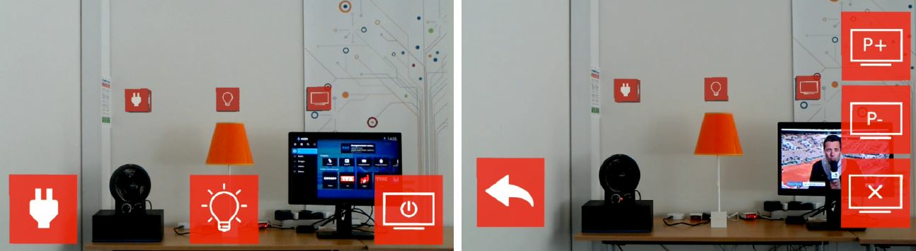 Illustration of the implemented AR interface. The default view of the system (Left) represents the different objects in the field of view, with associated flickering icons. The fan and the light could be switched ON or OFF with a single command. The interaction with television was conducted through a hierarchical menu. After selecting the TV, the possible commands to issue appeared on the interface (Right).