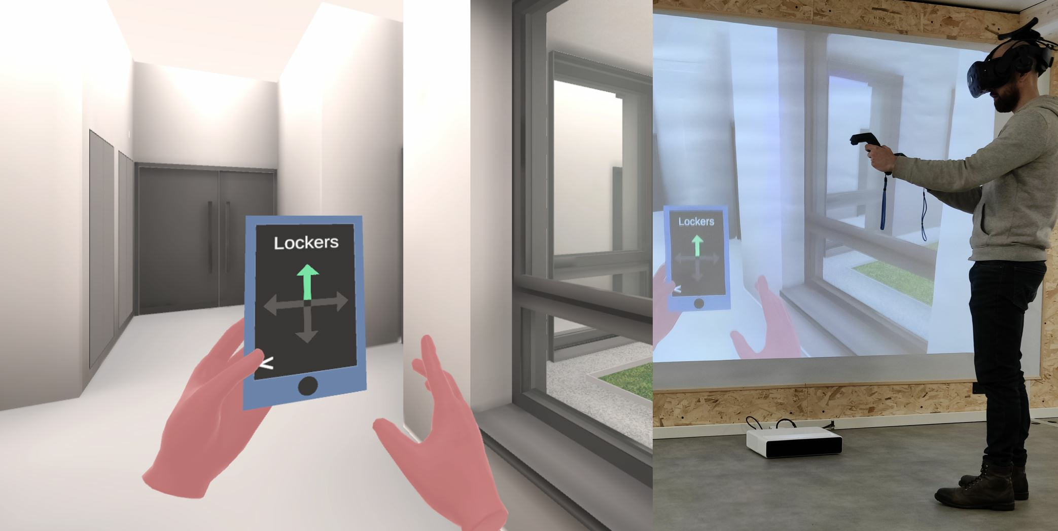 Virtual reality navigation with a smartphone indicating the lockers.